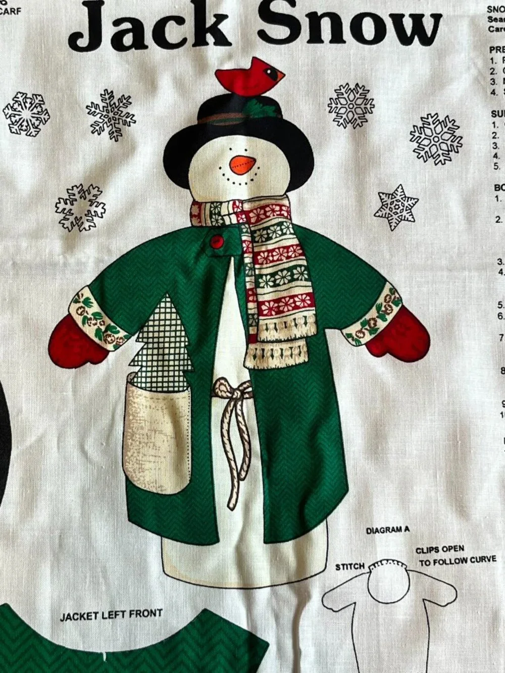 Jack Snow Stuffed Snowman , Cut and Sew Cotton Vintage 1990s Fabric Panel